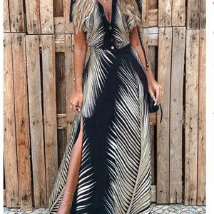 NWT Palm Leaf Print Maxi Dress with slit - Black (S)